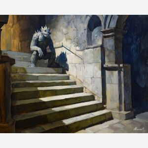 frankenstein, a stitched monster figure in dramatic light at castle stair, a gothic environment, castle stair, olive green and charcoal with blue gray storm light, moody and cinematic, foreground subject, impasto texture, textured strokes, atmospheric depth, oil painting, palette knife texture, impasto oil, thick paint, bold brushwork, soft glow, color contrast, layered depth, foreground focus, background gradient