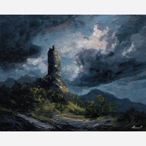 frankenstein, a stitched monster figure in dramatic light at storm tower, a gothic environment, storm tower, olive green and charcoal with blue gray storm light, moody and cinematic, foreground subject, impasto texture, textured strokes, atmospheric depth, oil painting, palette knife texture, impasto oil, thick paint, bold brushwork, soft glow, color contrast, layered depth, foreground focus, background gradient