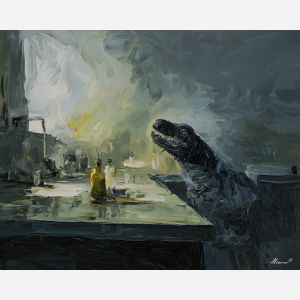 frankenstein, a stitched monster figure in dramatic light at lab table, a gothic environment, lab table, olive green and charcoal with blue gray storm light, moody and cinematic, foreground subject, impasto texture, textured strokes, atmospheric depth, oil painting, palette knife texture, impasto oil, thick paint, bold brushwork, soft glow, color contrast, layered depth, foreground focus, background gradient