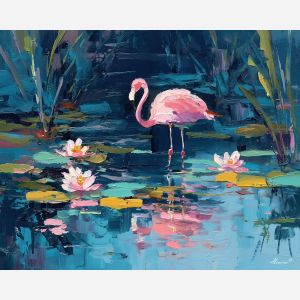 flamingo, a flamingo standing in shallow reflective water at soft lilies, a tropical waterside scene, soft lilies, pink and coral with turquoise water and navy shade, bright and elegant, foreground subject, impasto texture, textured strokes, atmospheric depth, oil painting, palette knife texture, impasto oil, thick paint, bold brushwork, soft glow, color contrast, layered depth, foreground focus, background gradient