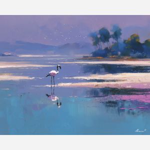 flamingo, a flamingo standing in shallow reflective water at misted estuary, a tropical waterside scene, misted estuary, pink and coral with turquoise water and navy shade, bright and elegant, foreground subject, impasto texture, textured strokes, atmospheric depth, oil painting, palette knife texture, impasto oil, thick paint, bold brushwork, soft glow, color contrast, layered depth, foreground focus, background gradient