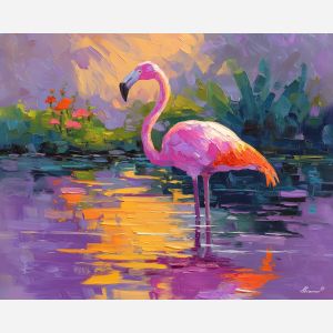 flamingo, a flamingo standing in shallow reflective water at water garden, a tropical waterside scene, water garden, pink and coral with turquoise water and navy shade, bright and elegant, foreground subject, impasto texture, textured strokes, atmospheric depth, oil painting, palette knife texture, impasto oil, thick paint, bold brushwork, soft glow, color contrast, layered depth, foreground focus, background gradient