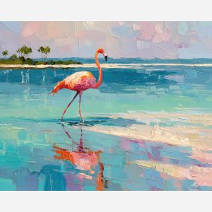 flamingo, a flamingo standing in shallow reflective water at storm cleared shallows, a tropical waterside scene, storm cleared shallows, pink and coral with turquoise water and navy shade, bright and elegant, foreground subject, impasto texture, textured strokes, atmospheric depth, oil painting, palette knife texture, impasto oil, thick paint, bold brushwork, soft glow, color contrast, layered depth, foreground focus, background gradient