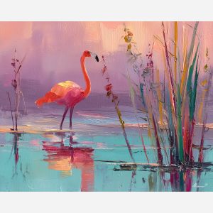 flamingo, a flamingo standing in shallow reflective water at sunrise reeds, a tropical waterside scene, sunrise reeds, pink and coral with turquoise water and navy shade, bright and elegant, foreground subject, impasto texture, textured strokes, atmospheric depth, oil painting, palette knife texture, impasto oil, thick paint, bold brushwork, soft glow, color contrast, layered depth, foreground focus, background gradient