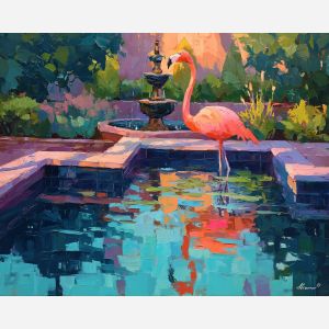 flamingo, a flamingo standing in shallow reflective water at garden fountain, a tropical waterside scene, garden fountain, pink and coral with turquoise water and navy shade, bright and elegant, foreground subject, impasto texture, textured strokes, atmospheric depth, oil painting, palette knife texture, impasto oil, thick paint, bold brushwork, soft glow, color contrast, layered depth, foreground focus, background gradient