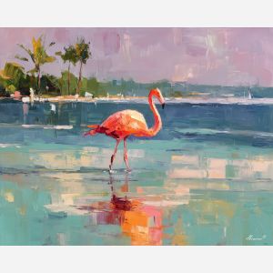 flamingo, a flamingo standing in shallow reflective water at still channel, a tropical waterside scene, still channel, pink and coral with turquoise water and navy shade, bright and elegant, foreground subject, impasto texture, textured strokes, atmospheric depth, oil painting, palette knife texture, impasto oil, thick paint, bold brushwork, soft glow, color contrast, layered depth, foreground focus, background gradient