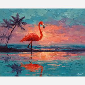 flamingo, a flamingo standing in shallow reflective water at rain pool, a tropical waterside scene, rain pool, pink and coral with turquoise water and navy shade, bright and elegant, foreground subject, impasto texture, textured strokes, atmospheric depth, oil painting, palette knife texture, impasto oil, thick paint, bold brushwork, soft glow, color contrast, layered depth, foreground focus, background gradient