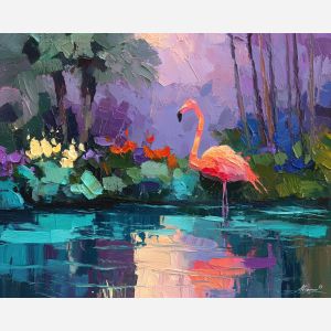 flamingo, a flamingo standing in shallow reflective water at tropical garden, a tropical waterside scene, tropical garden, pink and coral with turquoise water and navy shade, bright and elegant, foreground subject, impasto texture, textured strokes, atmospheric depth, oil painting, palette knife texture, impasto oil, thick paint, bold brushwork, soft glow, color contrast, layered depth, foreground focus, background gradient