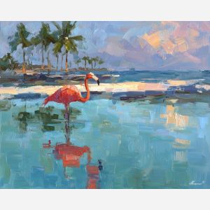 flamingo, a flamingo standing in shallow reflective water at palm shadow, a tropical waterside scene, palm shadow, pink and coral with turquoise water and navy shade, bright and elegant, foreground subject, impasto texture, textured strokes, atmospheric depth, oil painting, palette knife texture, impasto oil, thick paint, bold brushwork, soft glow, color contrast, layered depth, foreground focus, background gradient