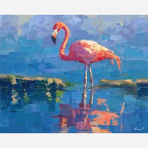 flamingo, a flamingo standing in shallow reflective water at blue waterline, a tropical waterside scene, blue waterline, pink and coral with turquoise water and navy shade, bright and elegant, foreground subject, impasto texture, textured strokes, atmospheric depth, oil painting, palette knife texture, impasto oil, thick paint, bold brushwork, soft glow, color contrast, layered depth, foreground focus, background gradient