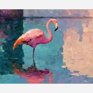 flamingo, a flamingo standing in shallow reflective water at pink reflection, a tropical waterside scene, pink reflection, pink and coral with turquoise water and navy shade, bright and elegant, foreground subject, impasto texture, textured strokes, atmospheric depth, oil painting, palette knife texture, impasto oil, thick paint, bold brushwork, soft glow, color contrast, layered depth, foreground focus, background gradient