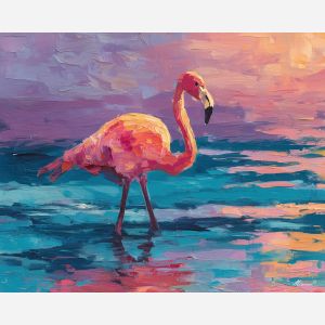 flamingo, a flamingo standing in shallow reflective water at sunset shallows, a tropical waterside scene, sunset shallows, pink and coral with turquoise water and navy shade, bright and elegant, foreground subject, impasto texture, textured strokes, atmospheric depth, oil painting, palette knife texture, impasto oil, thick paint, bold brushwork, soft glow, color contrast, layered depth, foreground focus, background gradient