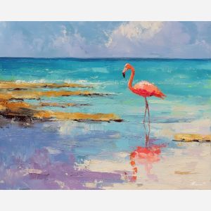 flamingo, a flamingo standing in shallow reflective water at reef edge, a tropical waterside scene, reef edge, pink and coral with turquoise water and navy shade, bright and elegant, foreground subject, impasto texture, textured strokes, atmospheric depth, oil painting, palette knife texture, impasto oil, thick paint, bold brushwork, soft glow, color contrast, layered depth, foreground focus, background gradient