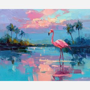 flamingo, a flamingo standing in shallow reflective water at lagoon dawn, a tropical waterside scene, lagoon dawn, pink and coral with turquoise water and navy shade, bright and elegant, foreground subject, impasto texture, textured strokes, atmospheric depth, oil painting, palette knife texture, impasto oil, thick paint, bold brushwork, soft glow, color contrast, layered depth, foreground focus, background gradient