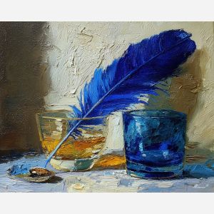 feather, a single feather enlarged in close-up at glass table, a still-life environment, glass table, ivory and slate with warm copper glow, delicate and luminous, foreground subject, impasto texture, textured strokes, atmospheric depth, oil painting, palette knife texture, impasto oil, thick paint, bold brushwork, soft glow, color contrast, layered depth, foreground focus, background gradient