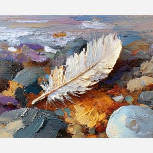 feather, a single feather enlarged in close-up at tide feather, a still-life environment, tide feather, ivory and slate with warm copper glow, delicate and luminous, foreground subject, impasto texture, textured strokes, atmospheric depth, oil painting, palette knife texture, impasto oil, thick paint, bold brushwork, soft glow, color contrast, layered depth, foreground focus, background gradient