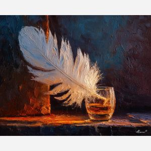 feather, a single feather enlarged in close-up at firelight quill, a still-life environment, firelight quill, ivory and slate with warm copper glow, delicate and luminous, foreground subject, impasto texture, textured strokes, atmospheric depth, oil painting, palette knife texture, impasto oil, thick paint, bold brushwork, soft glow, color contrast, layered depth, foreground focus, background gradient