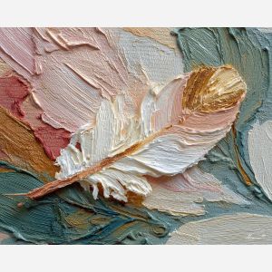 feather, a single feather enlarged in close-up at botanical feather, a still-life environment, botanical feather, ivory and slate with warm copper glow, delicate and luminous, foreground subject, impasto texture, textured strokes, atmospheric depth, oil painting, palette knife texture, impasto oil, thick paint, bold brushwork, soft glow, color contrast, layered depth, foreground focus, background gradient