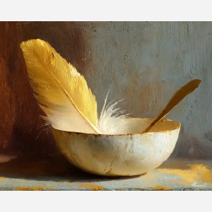 feather, a single feather enlarged in close-up at porcelain bowl, a still-life environment, porcelain bowl, ivory and slate with warm copper glow, delicate and luminous, foreground subject, impasto texture, textured strokes, atmospheric depth, oil painting, palette knife texture, impasto oil, thick paint, bold brushwork, soft glow, color contrast, layered depth, foreground focus, background gradient