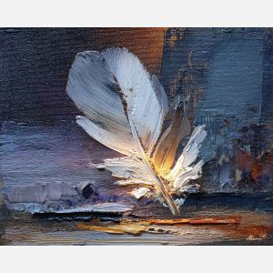 feather, a single feather enlarged in close-up at night feather, a still-life environment, night feather, ivory and slate with warm copper glow, delicate and luminous, foreground subject, impasto texture, textured strokes, atmospheric depth, oil painting, palette knife texture, impasto oil, thick paint, bold brushwork, soft glow, color contrast, layered depth, foreground focus, background gradient