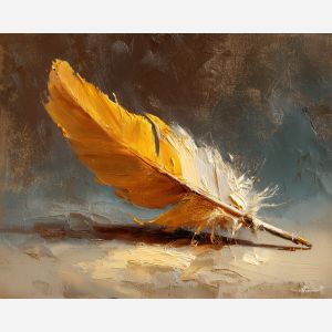 feather, a single feather enlarged in close-up at bronze quill, a still-life environment, bronze quill, ivory and slate with warm copper glow, delicate and luminous, foreground subject, impasto texture, textured strokes, atmospheric depth, oil painting, palette knife texture, impasto oil, thick paint, bold brushwork, soft glow, color contrast, layered depth, foreground focus, background gradient