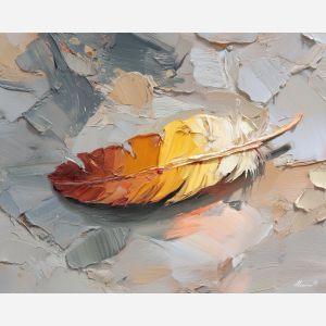 feather, a single feather enlarged in close-up at owlish down, a still-life environment, owlish down, ivory and slate with warm copper glow, delicate and luminous, foreground subject, impasto texture, textured strokes, atmospheric depth, oil painting, palette knife texture, impasto oil, thick paint, bold brushwork, soft glow, color contrast, layered depth, foreground focus, background gradient
