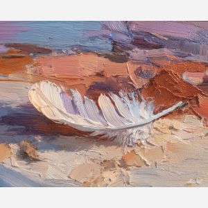 feather, a single feather enlarged in close-up at sand feather, a still-life environment, sand feather, ivory and slate with warm copper glow, delicate and luminous, foreground subject, impasto texture, textured strokes, atmospheric depth, oil painting, palette knife texture, impasto oil, thick paint, bold brushwork, soft glow, color contrast, layered depth, foreground focus, background gradient