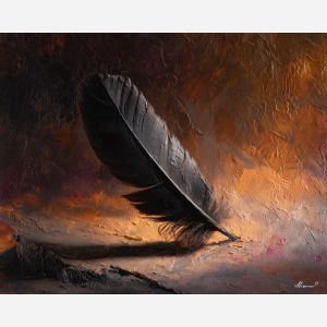 feather, a single feather enlarged in close-up at charcoal barb, a still-life environment, charcoal barb, ivory and slate with warm copper glow, delicate and luminous, foreground subject, impasto texture, textured strokes, atmospheric depth, oil painting, palette knife texture, impasto oil, thick paint, bold brushwork, soft glow, color contrast, layered depth, foreground focus, background gradient