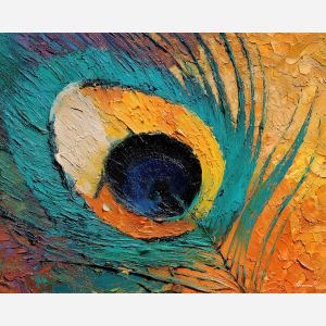 feather, a single feather enlarged in close-up at peacock eye, a still-life environment, peacock eye, ivory and slate with warm copper glow, delicate and luminous, foreground subject, impasto texture, textured strokes, atmospheric depth, oil painting, palette knife texture, impasto oil, thick paint, bold brushwork, soft glow, color contrast, layered depth, foreground focus, background gradient