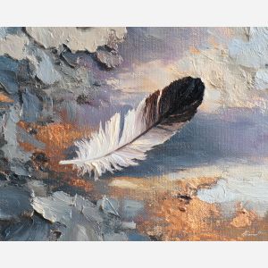 feather, a single feather enlarged in close-up at crow feather, a still-life environment, crow feather, ivory and slate with warm copper glow, delicate and luminous, foreground subject, impasto texture, textured strokes, atmospheric depth, oil painting, palette knife texture, impasto oil, thick paint, bold brushwork, soft glow, color contrast, layered depth, foreground focus, background gradient