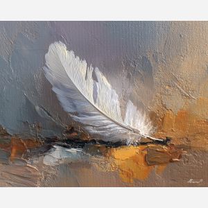feather, a single feather enlarged in close-up at white plume, a still-life environment, white plume, ivory and slate with warm copper glow, delicate and luminous, foreground subject, impasto texture, textured strokes, atmospheric depth, oil painting, palette knife texture, impasto oil, thick paint, bold brushwork, soft glow, color contrast, layered depth, foreground focus, background gradient