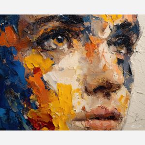 face, a close-up human face in expressive light at autumn face, a portrait setting, autumn face, rose and ochre with cobalt gray shadows, intimate and dramatic, foreground subject, impasto texture, textured strokes, atmospheric depth, oil painting, palette knife texture, impasto oil, thick paint, bold brushwork, soft glow, color contrast, layered depth, foreground focus, background gradient
