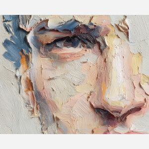 face, a close-up human face in expressive light at pale glow, a portrait setting, pale glow, rose and ochre with cobalt gray shadows, intimate and dramatic, foreground subject, impasto texture, textured strokes, atmospheric depth, oil painting, palette knife texture, impasto oil, thick paint, bold brushwork, soft glow, color contrast, layered depth, foreground focus, background gradient