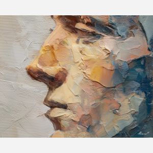 face, a close-up human face in expressive light at cool profile, a portrait setting, cool profile, rose and ochre with cobalt gray shadows, intimate and dramatic, foreground subject, impasto texture, textured strokes, atmospheric depth, oil painting, palette knife texture, impasto oil, thick paint, bold brushwork, soft glow, color contrast, layered depth, foreground focus, background gradient