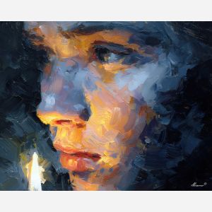 face, a close-up human face in expressive light at candle cheek, a portrait setting, candle cheek, rose and ochre with cobalt gray shadows, intimate and dramatic, foreground subject, impasto texture, textured strokes, atmospheric depth, oil painting, palette knife texture, impasto oil, thick paint, bold brushwork, soft glow, color contrast, layered depth, foreground focus, background gradient
