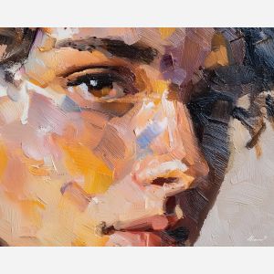 face, a close-up human face in expressive light at studio hush, a portrait setting, studio hush, rose and ochre with cobalt gray shadows, intimate and dramatic, foreground subject, impasto texture, textured strokes, atmospheric depth, oil painting, palette knife texture, impasto oil, thick paint, bold brushwork, soft glow, color contrast, layered depth, foreground focus, background gradient