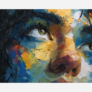 face, a close-up human face in expressive light at upward glance, a portrait setting, upward glance, rose and ochre with cobalt gray shadows, intimate and dramatic, foreground subject, impasto texture, textured strokes, atmospheric depth, oil painting, palette knife texture, impasto oil, thick paint, bold brushwork, soft glow, color contrast, layered depth, foreground focus, background gradient
