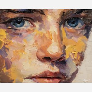 face, a close-up human face in expressive light at quiet stare, a portrait setting, quiet stare, rose and ochre with cobalt gray shadows, intimate and dramatic, foreground subject, impasto texture, textured strokes, atmospheric depth, oil painting, palette knife texture, impasto oil, thick paint, bold brushwork, soft glow, color contrast, layered depth, foreground focus, background gradient