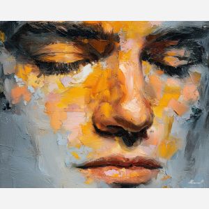 face, a close-up human face in expressive light at closed eyes, a portrait setting, closed eyes, rose and ochre with cobalt gray shadows, intimate and dramatic, foreground subject, impasto texture, textured strokes, atmospheric depth, oil painting, palette knife texture, impasto oil, thick paint, bold brushwork, soft glow, color contrast, layered depth, foreground focus, background gradient