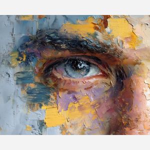 face, a close-up human face in expressive light at window portrait, a portrait setting, window portrait, rose and ochre with cobalt gray shadows, intimate and dramatic, foreground subject, impasto texture, textured strokes, atmospheric depth, oil painting, palette knife texture, impasto oil, thick paint, bold brushwork, soft glow, color contrast, layered depth, foreground focus, background gradient