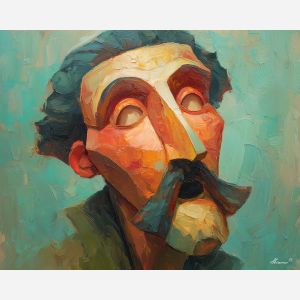 caricature, an exaggerated portrait subject with playful proportions at theater mask, a studio portrait setup, theater mask, coral and teal with cream highlights, playful and theatrical, foreground subject, impasto texture, textured strokes, atmospheric depth, oil painting, palette knife texture, impasto oil, thick paint, bold brushwork, soft glow, color contrast, layered depth, foreground focus, background gradient