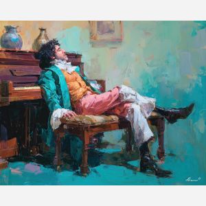 caricature, an exaggerated portrait subject with playful proportions at piano bench, a studio portrait setup, piano bench, coral and teal with cream highlights, playful and theatrical, foreground subject, impasto texture, textured strokes, atmospheric depth, oil painting, palette knife texture, impasto oil, thick paint, bold brushwork, soft glow, color contrast, layered depth, foreground focus, background gradient