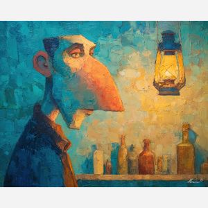 caricature, an exaggerated portrait subject with playful proportions at long nose, a studio portrait setup, long nose, coral and teal with cream highlights, playful and theatrical, foreground subject, impasto texture, textured strokes, atmospheric depth, oil painting, palette knife texture, impasto oil, thick paint, bold brushwork, soft glow, color contrast, layered depth, foreground focus, background gradient