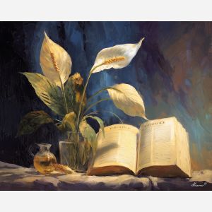 bible verse, an open scripture page with illuminated lettering at peace lily, a devotional still life scene, peace lily, warm cream and gold with deep indigo shade, reverent and calm, foreground subject, impasto texture, textured strokes, atmospheric depth, oil painting, palette knife texture, impasto oil, thick paint, bold brushwork, soft glow, color contrast, layered depth, foreground focus, background gradient