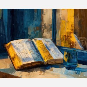 bible verse, an open scripture page with illuminated lettering at glass window, a devotional still life scene, glass window, warm cream and gold with deep indigo shade, reverent and calm, foreground subject, impasto texture, textured strokes, atmospheric depth, oil painting, palette knife texture, impasto oil, thick paint, bold brushwork, soft glow, color contrast, layered depth, foreground focus, background gradient