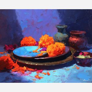 dia de los muertos, a Día de los Muertos scene centered on offering plate, a warm ceremonial setting, offering plate, orange marigold and cobalt shadow with magenta accents, reverent and celebratory, foreground subject, impasto texture, textured strokes, atmospheric depth, oil painting, palette knife texture, impasto oil, thick paint, bold brushwork, soft glow, color contrast, layered depth, foreground focus, background gradient
