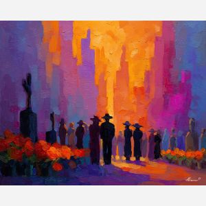 dia de los muertos, a Día de los Muertos scene centered on city procession, a warm ceremonial setting, city procession, orange marigold and cobalt shadow with magenta accents, reverent and celebratory, foreground subject, impasto texture, textured strokes, atmospheric depth, oil painting, palette knife texture, impasto oil, thick paint, bold brushwork, soft glow, color contrast, layered depth, foreground focus, background gradient