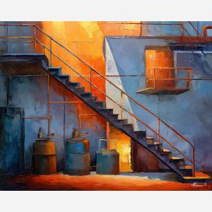 industrial, an industrial foreground built around metal stairs, a steel and shadow environment, metal stairs, steel blue and rust with warm furnace glow, textural and cinematic, foreground subject, impasto texture, textured strokes, atmospheric depth, oil painting, palette knife texture, impasto oil, thick paint, bold brushwork, soft glow, color contrast, layered depth, foreground focus, background gradient