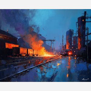 industrial, an industrial foreground built around grinding sparks, a steel and shadow environment, grinding sparks, steel blue and rust with warm furnace glow, textural and cinematic, foreground subject, impasto texture, textured strokes, atmospheric depth, oil painting, palette knife texture, impasto oil, thick paint, bold brushwork, soft glow, color contrast, layered depth, foreground focus, background gradient