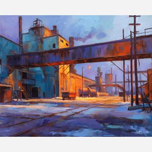 industrial, an industrial foreground built around loading dock, a steel and shadow environment, loading dock, steel blue and rust with warm furnace glow, textural and cinematic, foreground subject, impasto texture, textured strokes, atmospheric depth, oil painting, palette knife texture, impasto oil, thick paint, bold brushwork, soft glow, color contrast, layered depth, foreground focus, background gradient